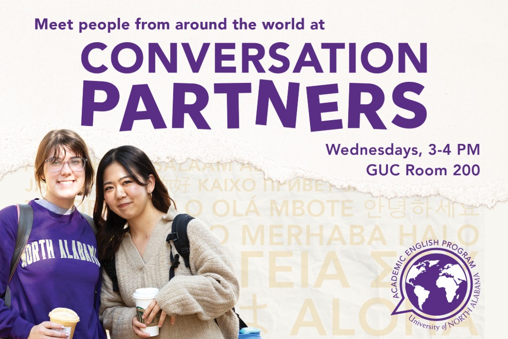 Conversation Partners postcard listing meeting time, Wednesdays 3-4 pm, and location, GUC Room 200